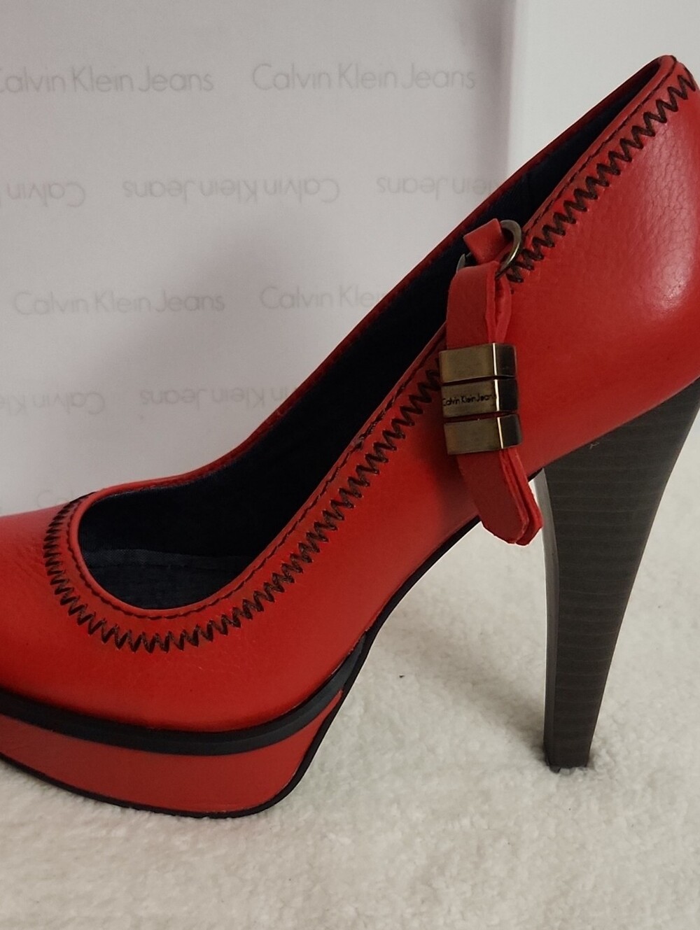 Calvin Klein Red Platform Pump with Contrast Stitching and Buckle